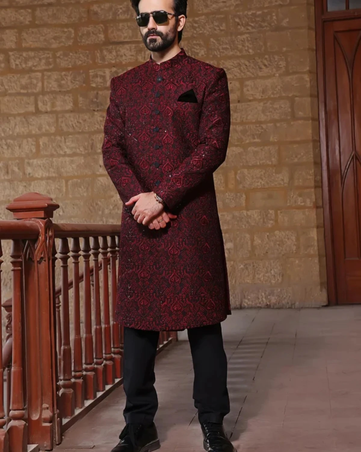 Crimson Cascade Sherwani — BYDIAS Pakistani fashion